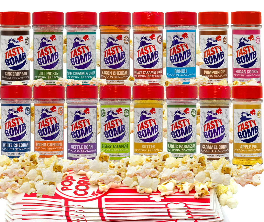 Assorted Tasty Bomb 16 flavors with popcorn and a popcorn bucket on a white background