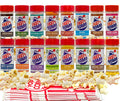 Assorted Tasty Bomb 16 flavors with popcorn and a popcorn bucket on a white background