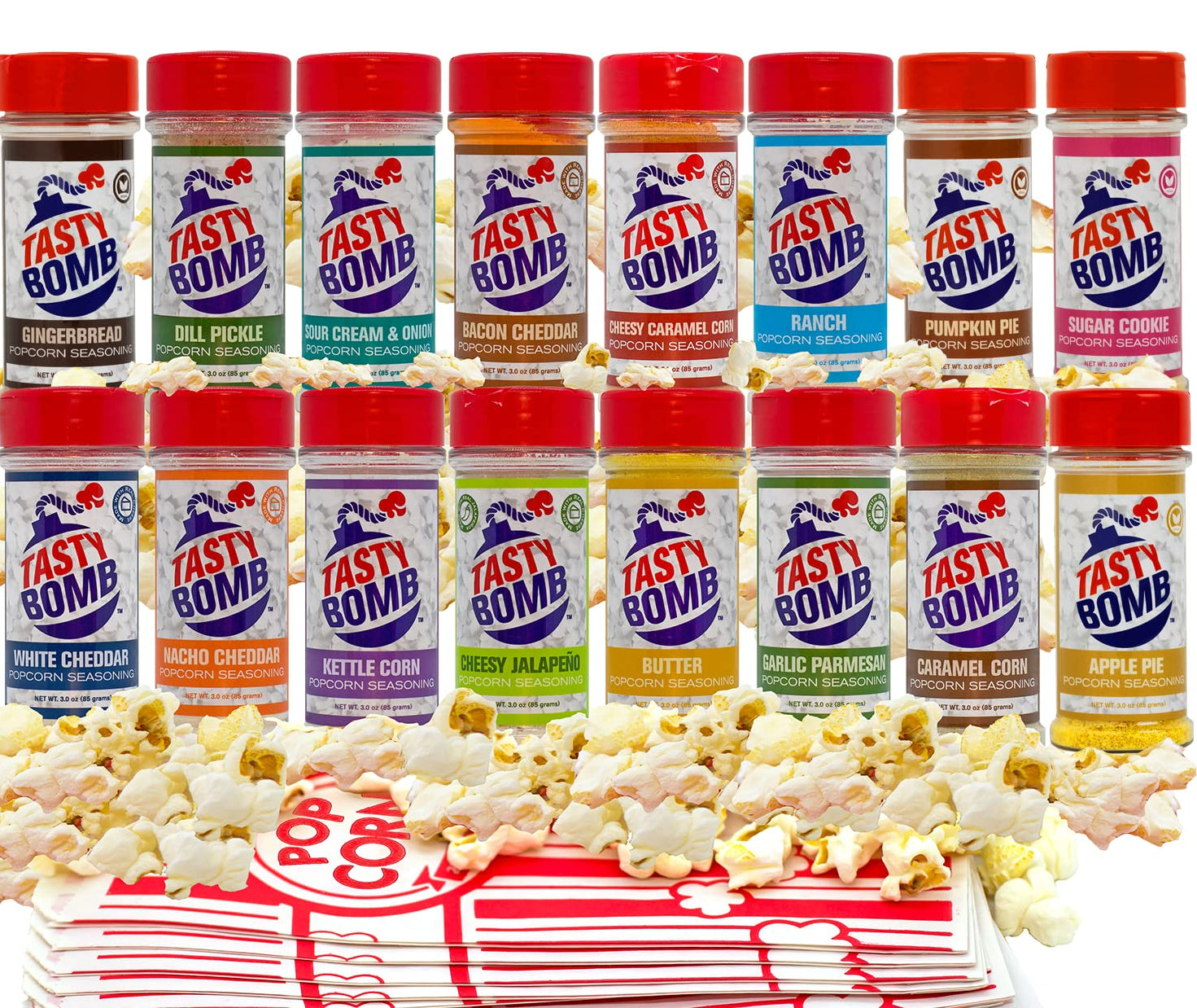 Assorted Tasty Bomb 16 flavors with popcorn and a popcorn bucket on a white background