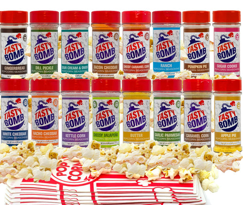 Assorted Tasty Bomb 16 flavors with popcorn and a popcorn bucket on a white background