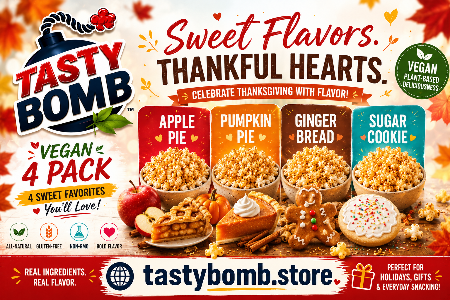 Tasty Bomb Vegan All-Sweets 4-Pack featuring Apple Pie, Pumpkin Pie, Gingerbread, and Sugar Cookie popcorn seasonings